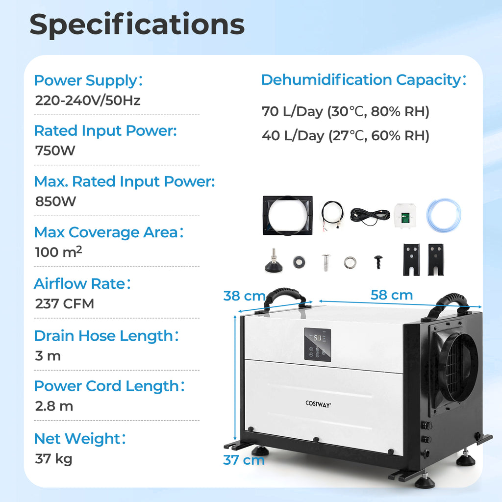 50/70L/Day Industrial Dehumidifier with Pump and Drain Hose-White-70L