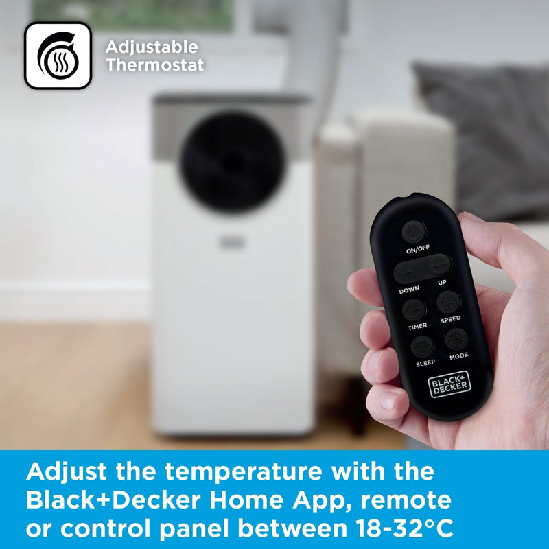 BLACK+DECKER BXAC40035GB portable air conditioner rear view showing exhaust vent and window kit hose connection