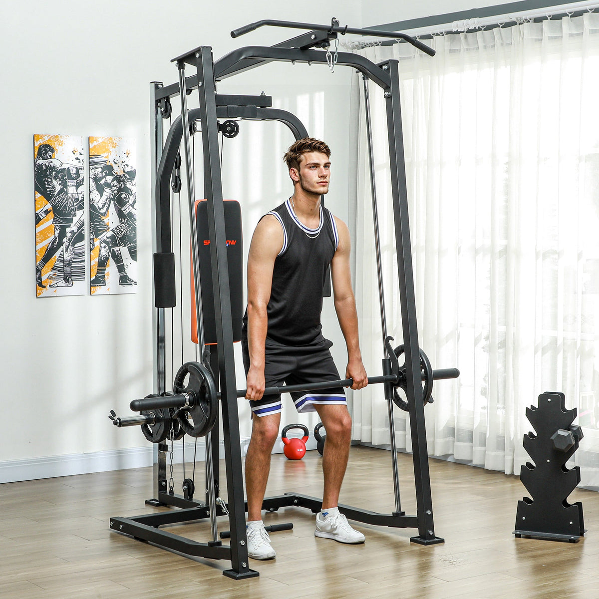 SPORTNOW 3-in-1 Smith machine power cage set up in a home gym