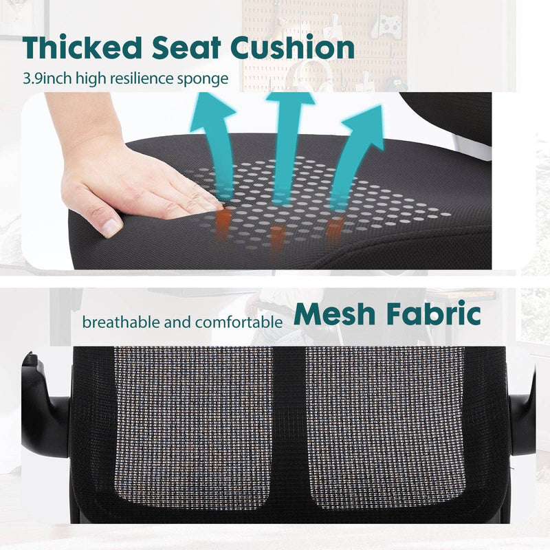 Thickened seat cushion with 3.9-inch high resilience sponge and breathable mesh fabric.