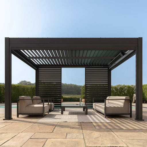 Maze Eden 4m x 4m Aluminium Pergola with LED Lights and Motorised Roof - Grey