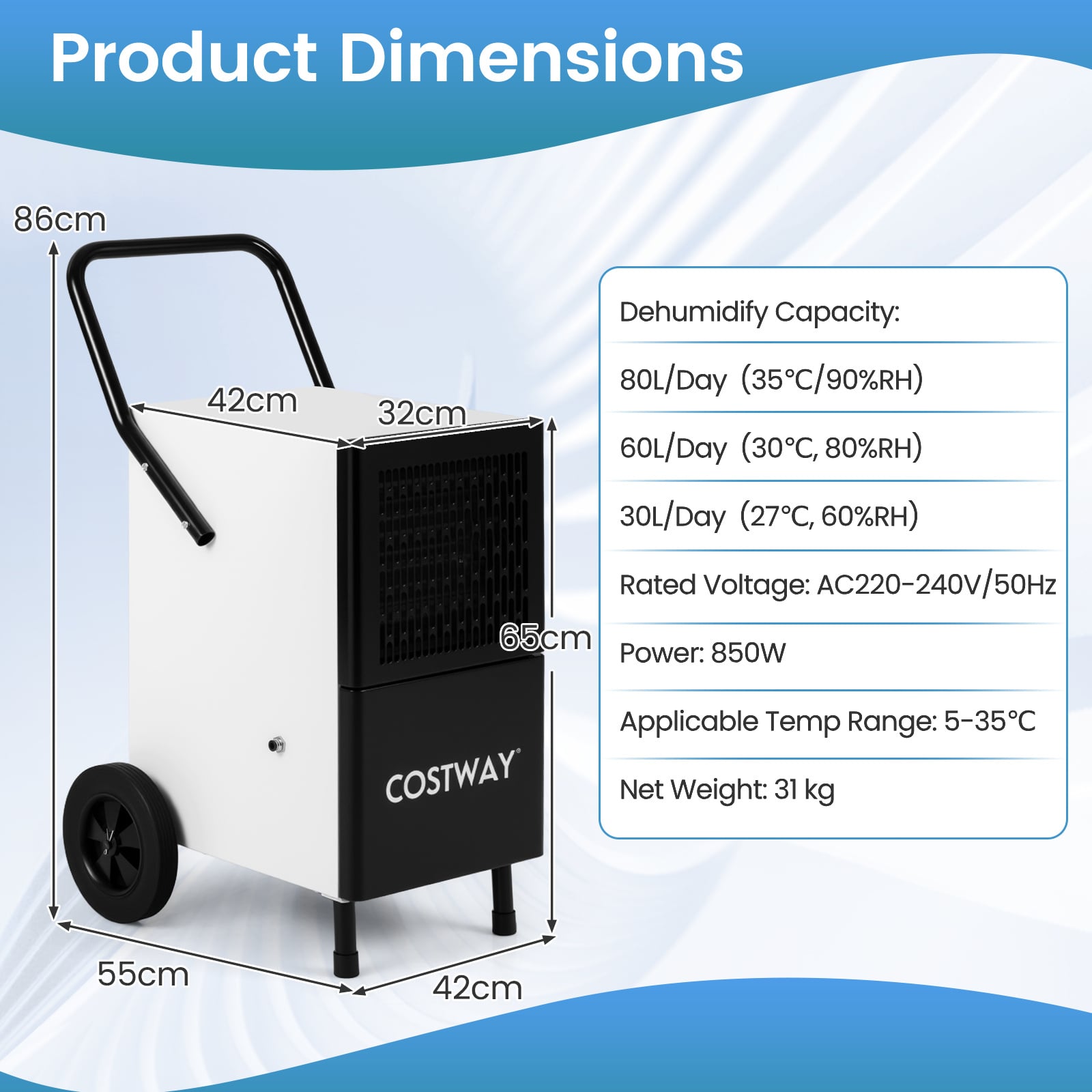 80L/Day Commercial Dehumidifier with Built-in Water Pump