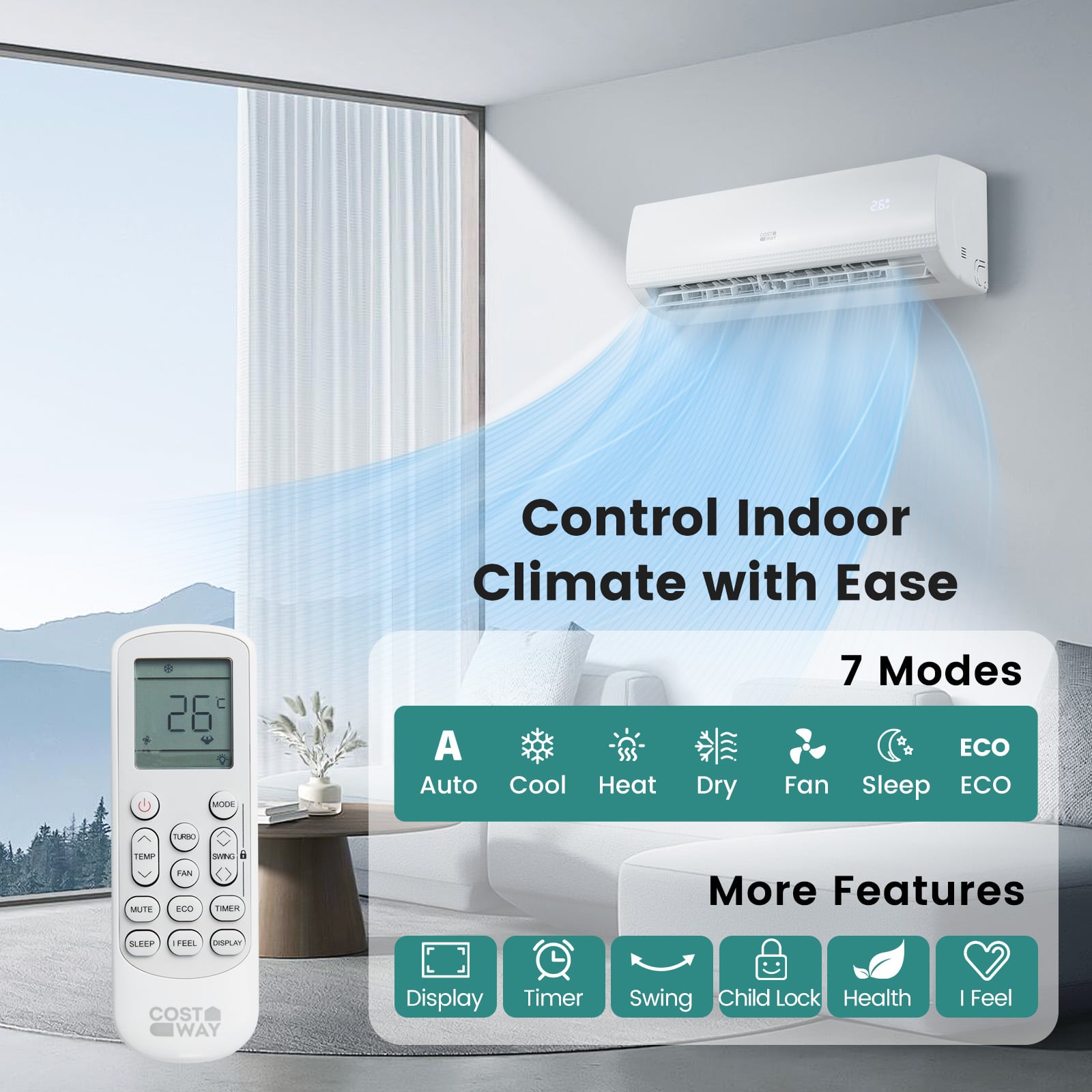 9000 BTU (2.6 kW) Mini Split Air Conditioner A++ Energy Efficient AC Unit