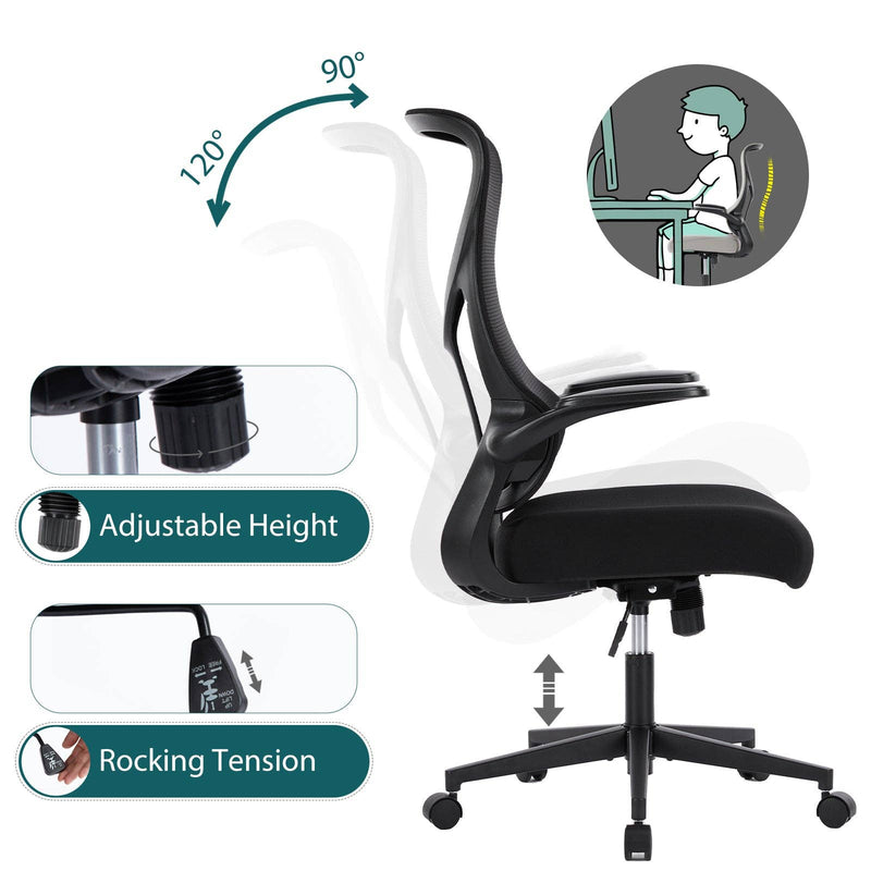 Ergonomic office chair with adjustable height, rocking tension, and armrest features on a white background.