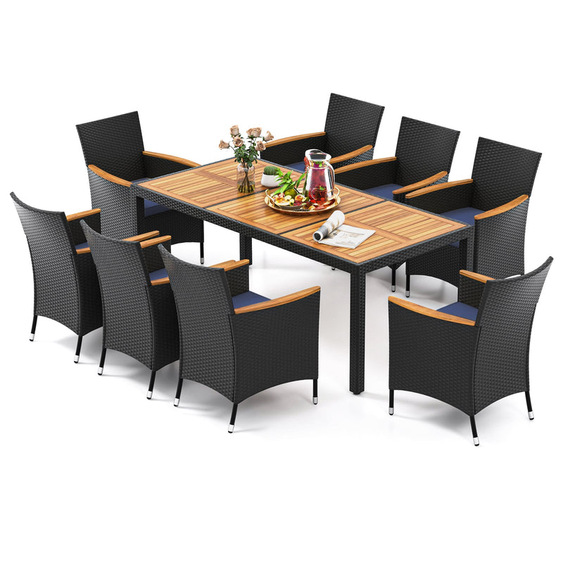 Costway 9-Piece Patio Dining Set for 8 | PE Rattan Conversation Set with Umbrella Hole | Navy | HW73185NY