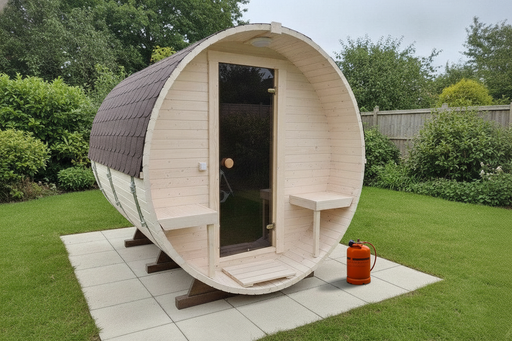 Circular wooden sauna on a patio with a garden background