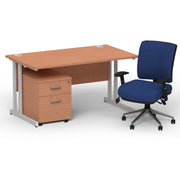 Impulse 1400mm Cantilever Straight Desk With Mobile Pedestal and Chiro Medium Back Blue Chair - Home Office Set