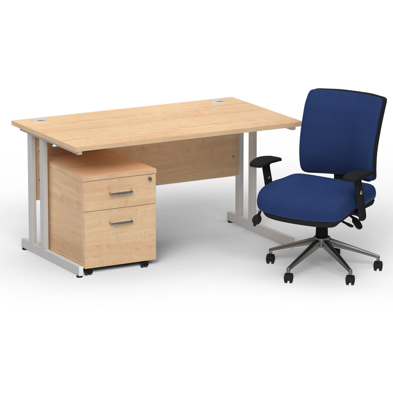 Impulse 1400mm Cantilever Straight Desk With Mobile Pedestal and Chiro Medium Back Blue Chair - Home Office Set - view 2
