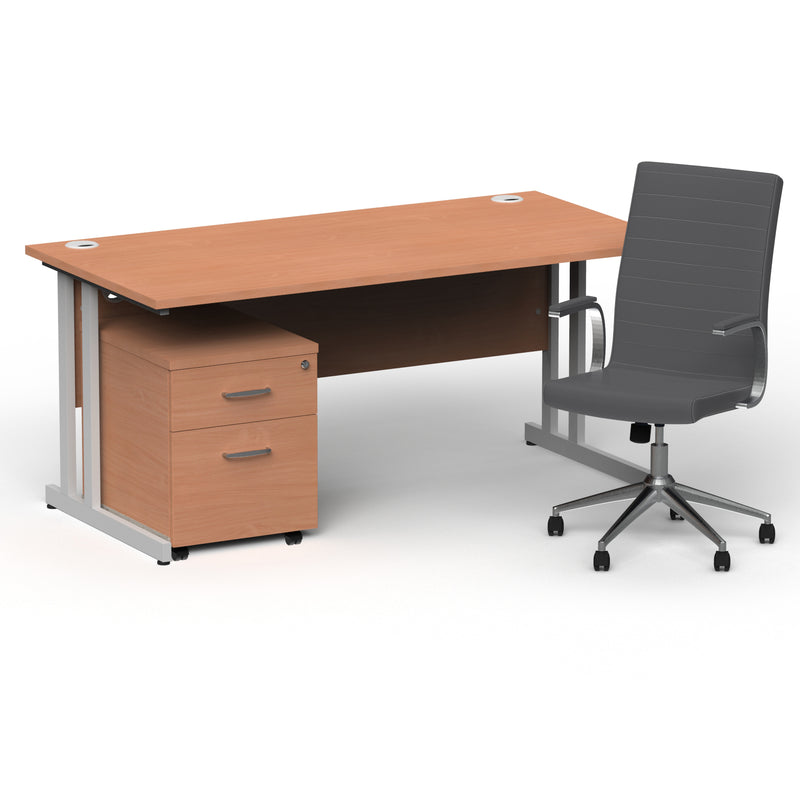 Impulse 1600mm Cantilever Straight Desk With Mobile Pedestal and Ezra Grey Executive Chair - Home Office Set