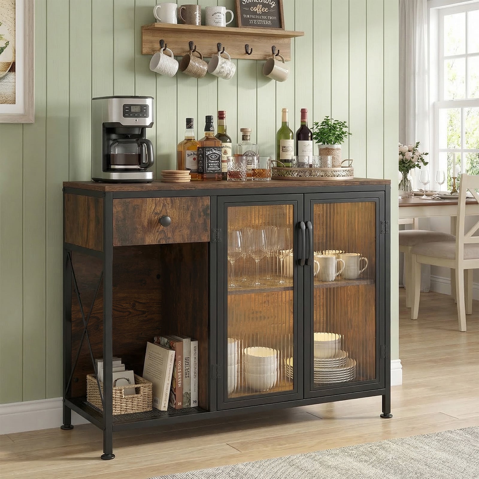 Buffet Sideboard with Power Outlets and LED Light Kitchen Storage Cabinet