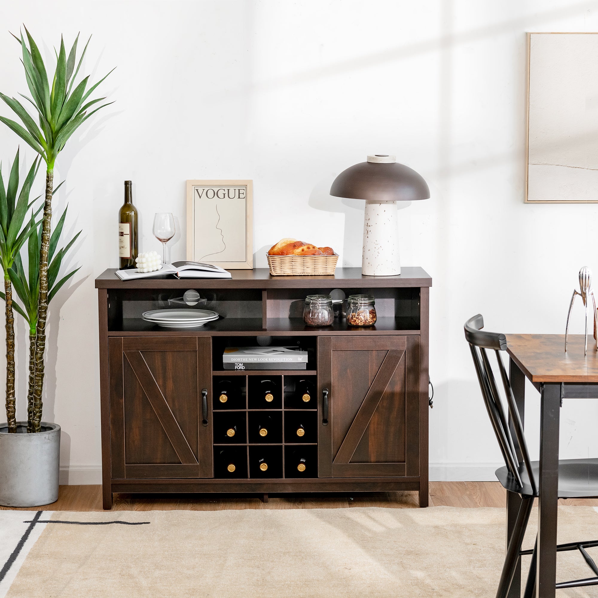 Buffet Storage Cabinet with Detachable 9-Bottle Wine Rack and 2 Door Cabinets-Dark Brown