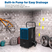 66 L/Day Commercial Dehumidifier with Pump and Drain Hose for Basement Warehouse Job Site