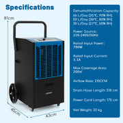 66 L/Day Commercial Dehumidifier with Pump and Drain Hose for Basement Warehouse Job Site