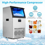 Commercial Ice Maker with 16 kg Storage Capacity and Adjustable Ice Cube Thickness