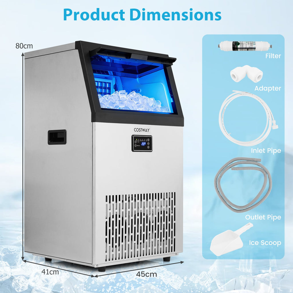 Commercial Ice Maker with 16 kg Storage Capacity and Adjustable Ice Cube Thickness
