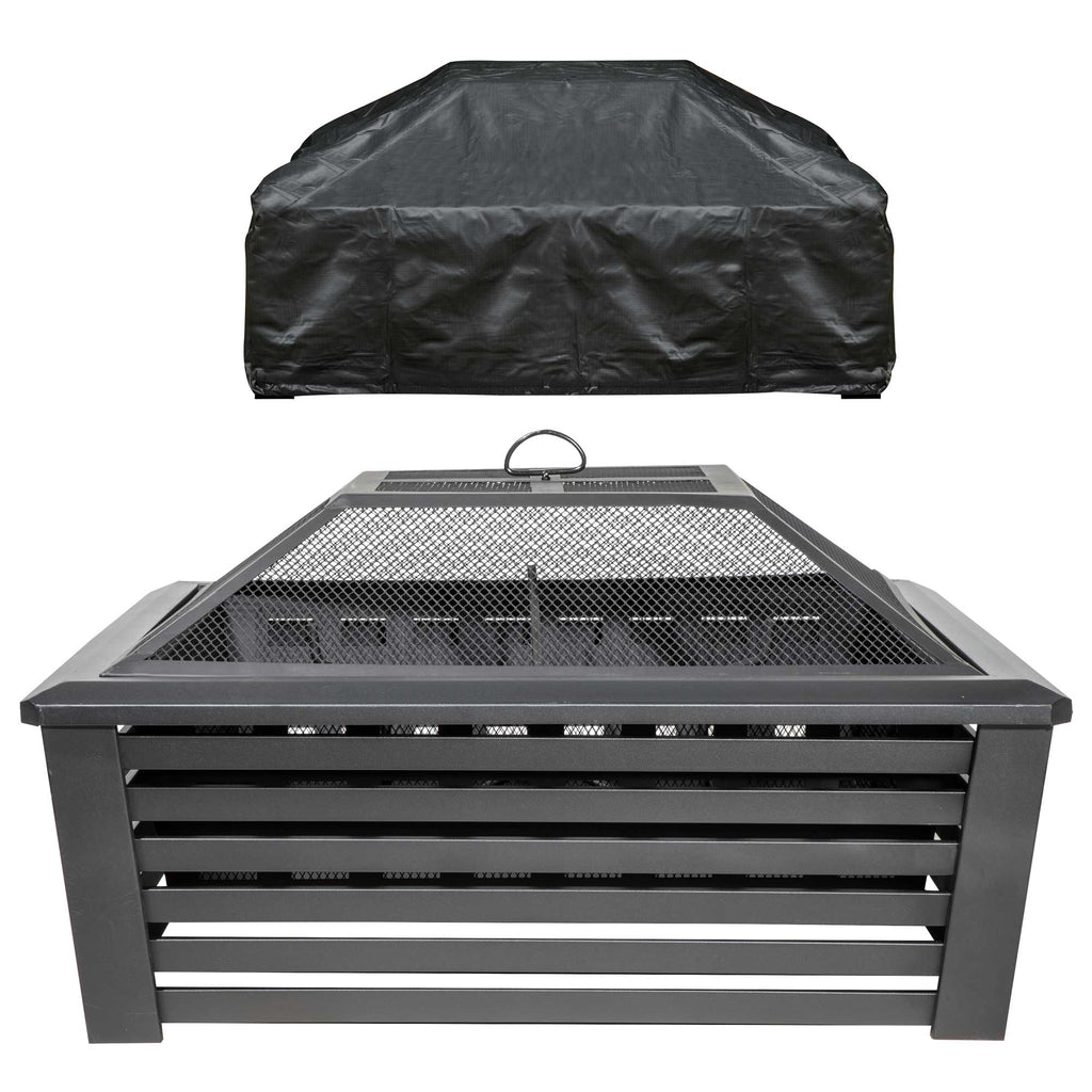 35" Square Outdoor Fire Pit with Mesh Screen Lid & Drawstring Cover - Black | Dellonda DG238
