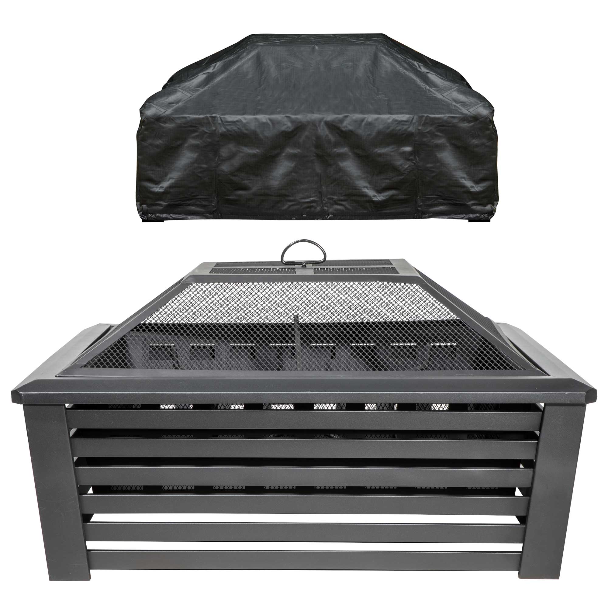 35" Square Outdoor Fire Pit with Mesh Screen Lid & Drawstring Cover - Black | Dellonda DG238