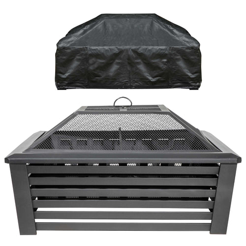 35" Square Outdoor Fire Pit with Mesh Screen Lid & Drawstring Cover - Black | Dellonda DG238