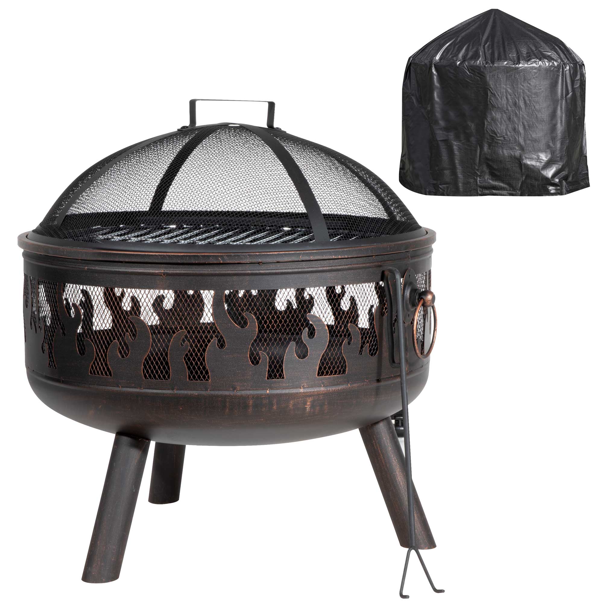 Deluxe Fire Pit with Cooking Grill, Safety Screen, Poker & Cover Bundle | Dellonda DG242