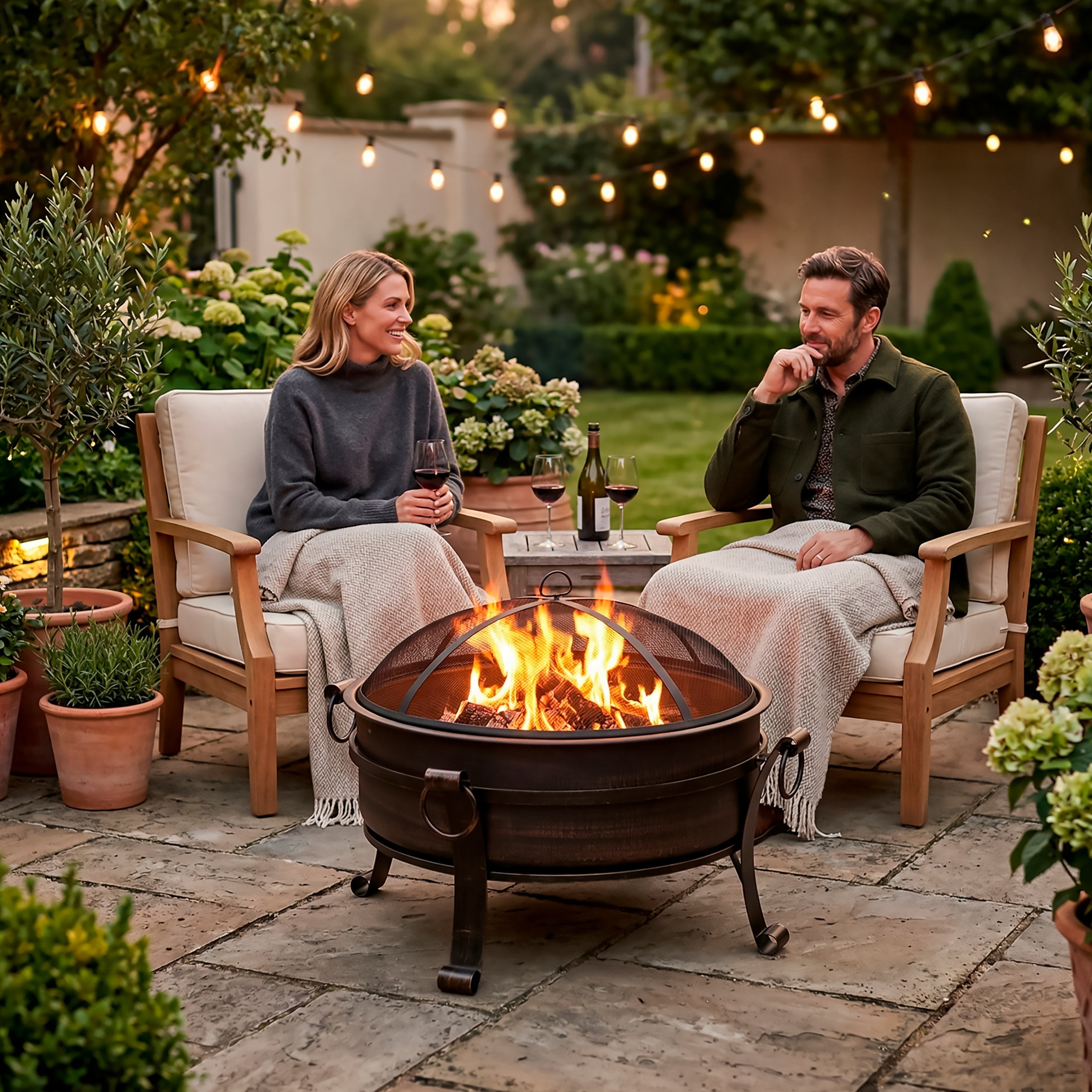 30" Deluxe 2-in-1 Fire Pit & Coffee Table with Drawstring Cover - Antique Bronze | Dellonda DG237 lifestyle