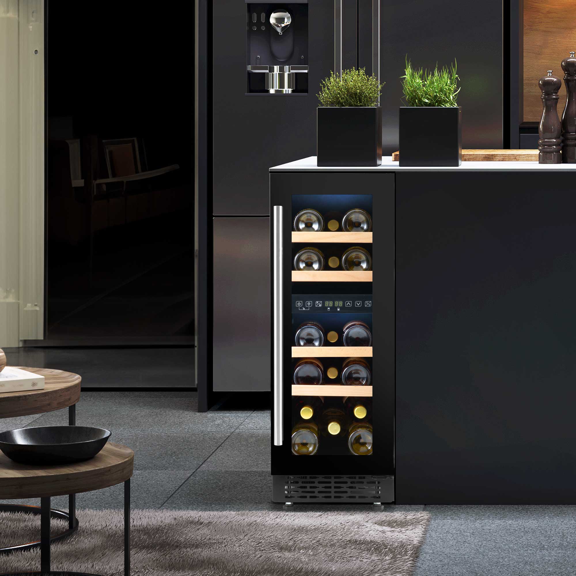 Baridi 17 Bottle Slim Dual Zone Built-In Wine Cooler with Beech Wood Shelves - Black | DH204 in use