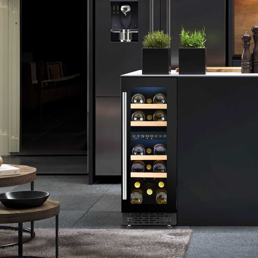 Baridi 17 Bottle Slim Dual Zone Built-In Wine Cooler with Beech Wood Shelves - Black | DH204 in use