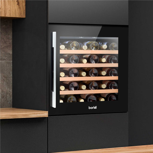 Baridi 36 Bottle Built-In Wine Cooler with Beech Wood Shelves & LED Light - Black | DH206 in use