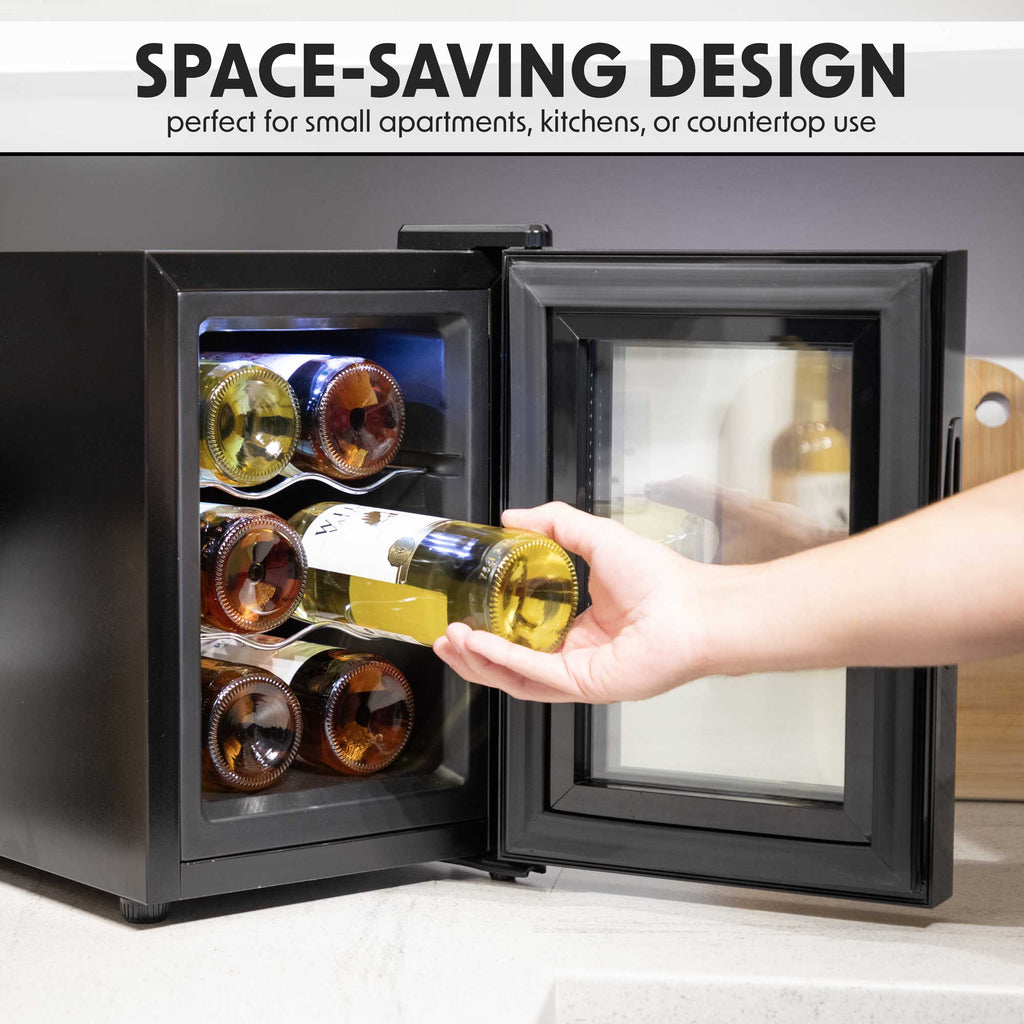 Baridi 6 Bottle Thermoelectric Tabletop Wine Cooler with Touch Screen & Glass Door - Black | DH217 in use