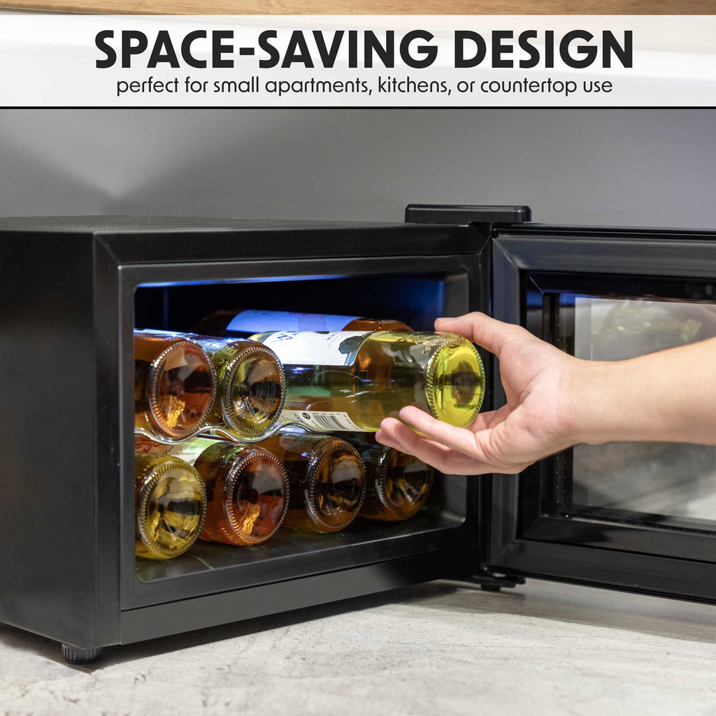 Baridi 8 Bottle Thermoelectric Tabletop Wine Cooler with Touch Screen & Glass Door - Black | DH218 in use