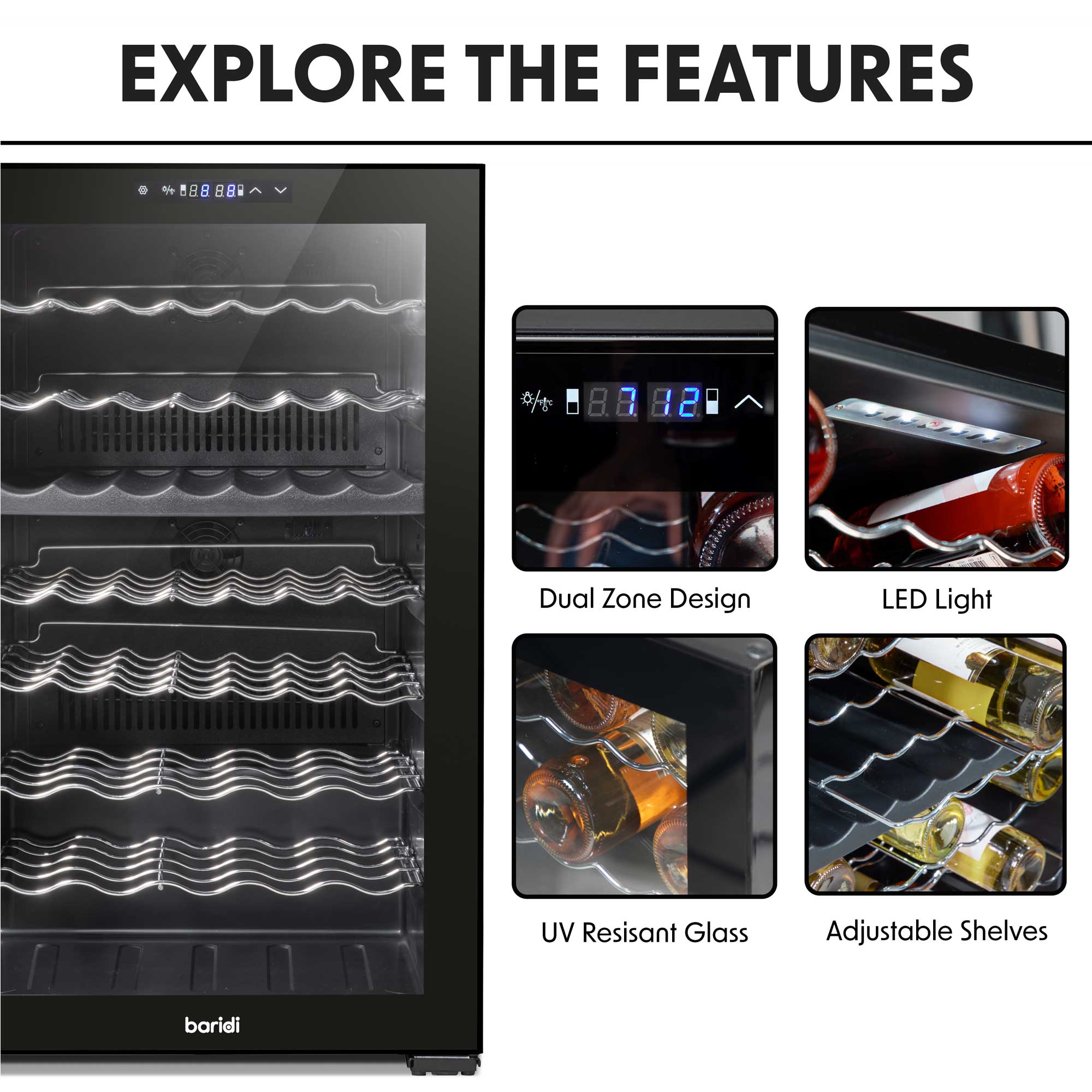 Baridi 52 Bottle Dual Zone Wine Fridge with Wire Shelves & LED Light - Black | DH236 in use