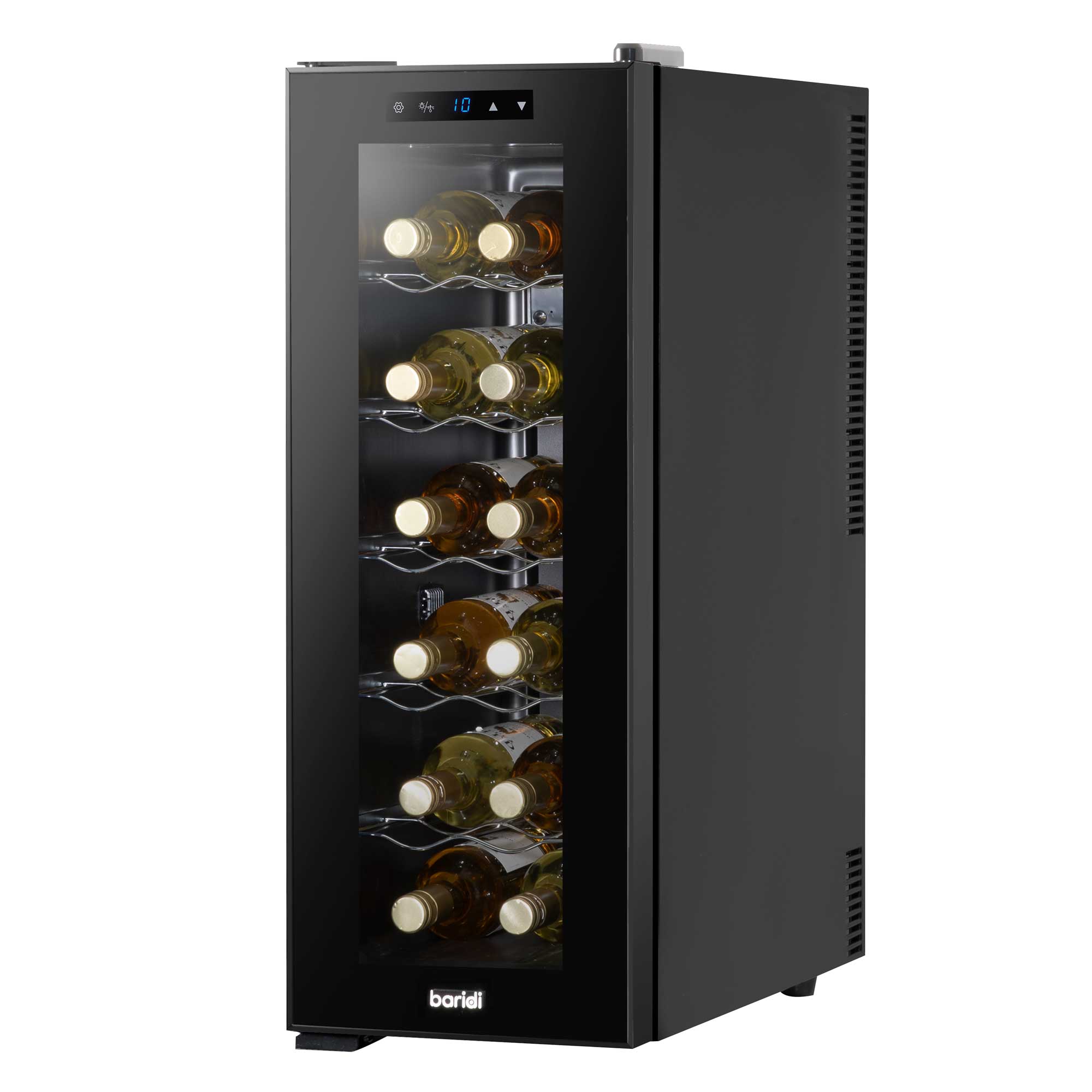 Baridi 12 Bottle Wine Fridge with Metal Shelves, Touch Screen & LED Light - Black | DH73 in use