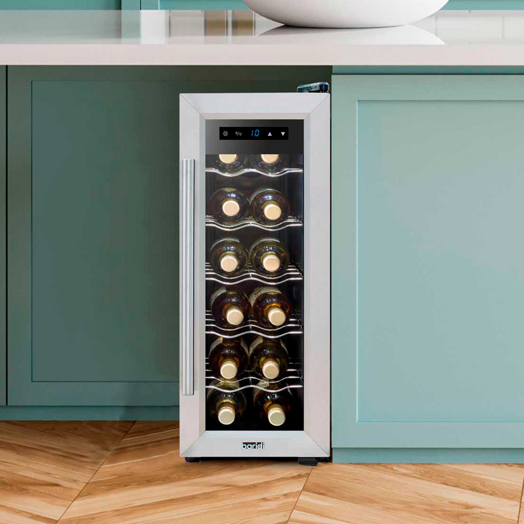 Baridi 12 Bottle Wine Fridge with Metal Shelves, Touch Screen & LED Light - Stainless Steel | DH74 in use
