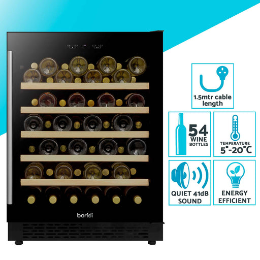 Baridi 54 Bottle Undercounter/Freestanding Wine Fridge with Wooden Shelves & LED Light - Black | DH78 in use