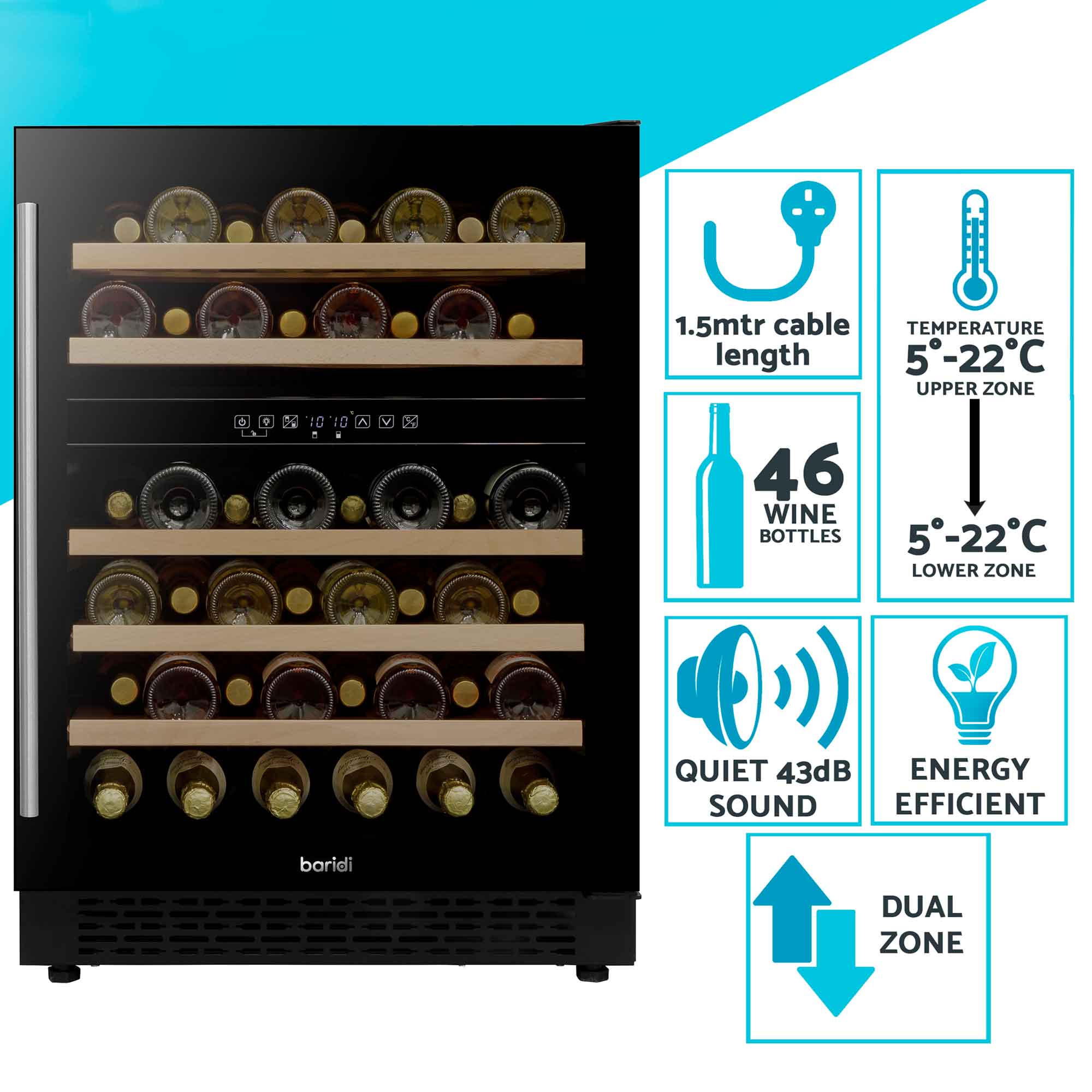 Baridi 46 Bottle Dual Zone Undercounter/Freestanding Wine Fridge with Wooden Shelves - Black | DH79 in use