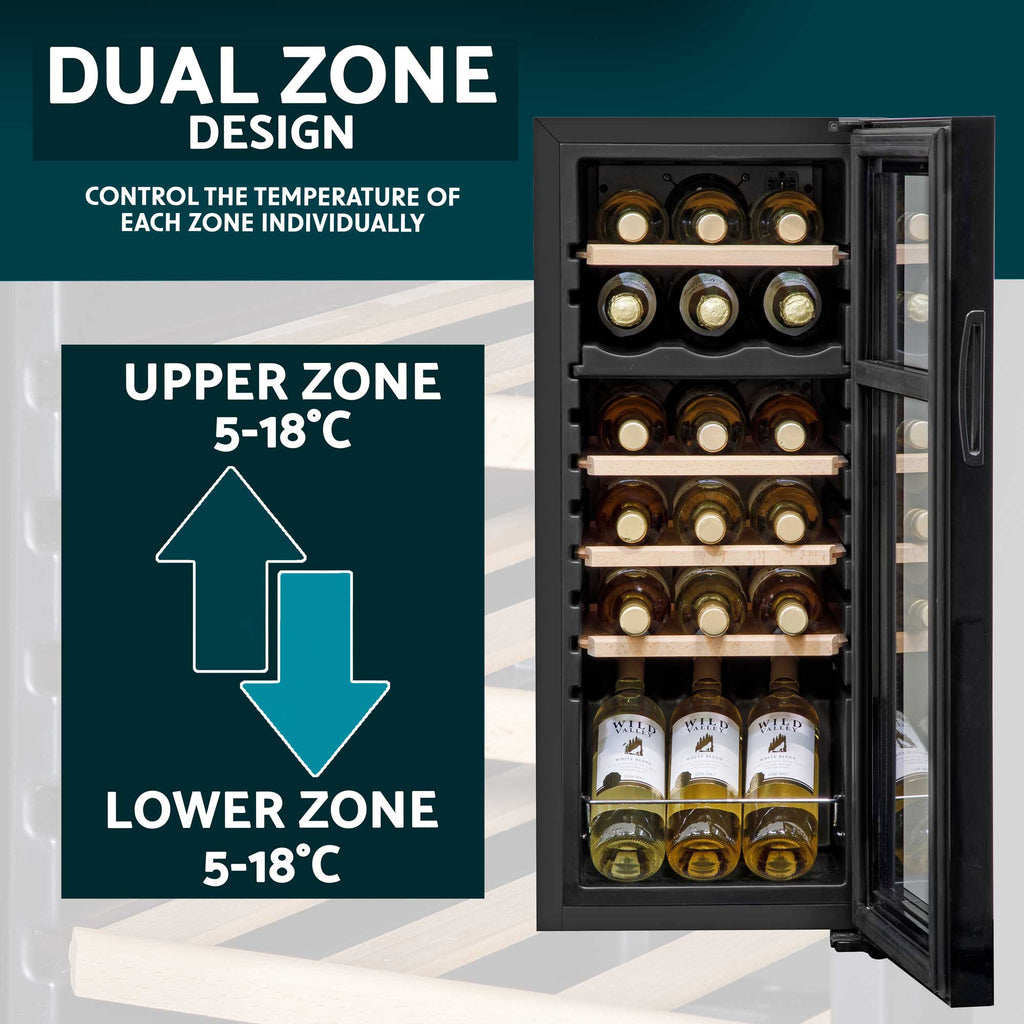 Baridi 18 Bottle Dual Zone Wine Fridge with Wooden Shelves & LED Light - Black | DH89 in use