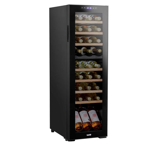Baridi 27 Bottle Dual Zone Wine Fridge with Beech Wood Shelves & LED Light - Black | DH90