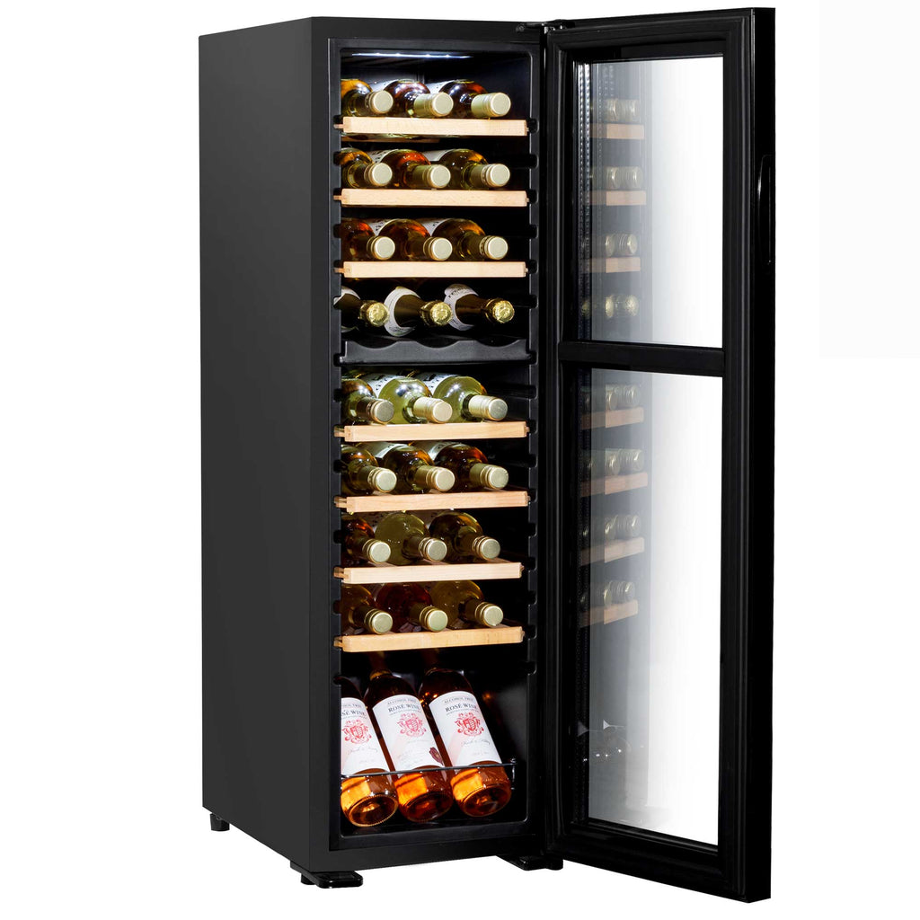 Baridi 27 Bottle Dual Zone Wine Fridge with Beech Wood Shelves & LED Light - Black | DH90 in use
