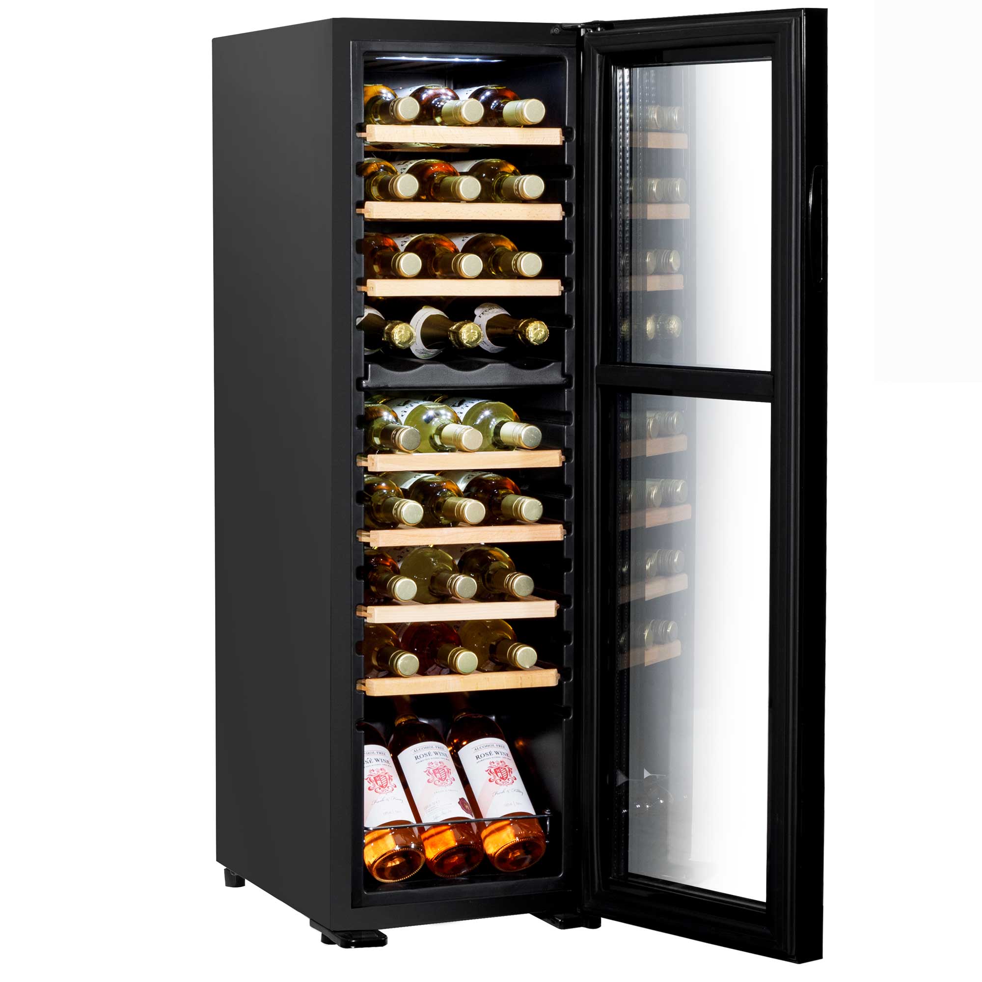 Baridi 27 Bottle Dual Zone Wine Fridge with Beech Wood Shelves & LED Light - Black | DH90 in use