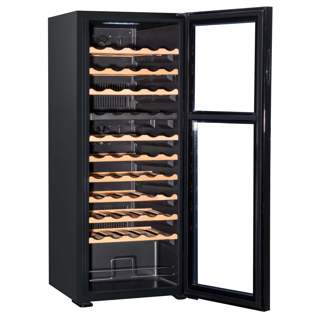 Baridi 55 Bottle Dual Zone Wine Fridge with Beech Wood Shelves & LED Light - Black | DH93 in use