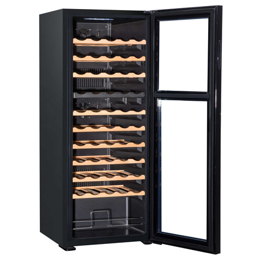 Baridi 55 Bottle Dual Zone Wine Fridge with Beech Wood Shelves & LED Light - Black | DH93 in use