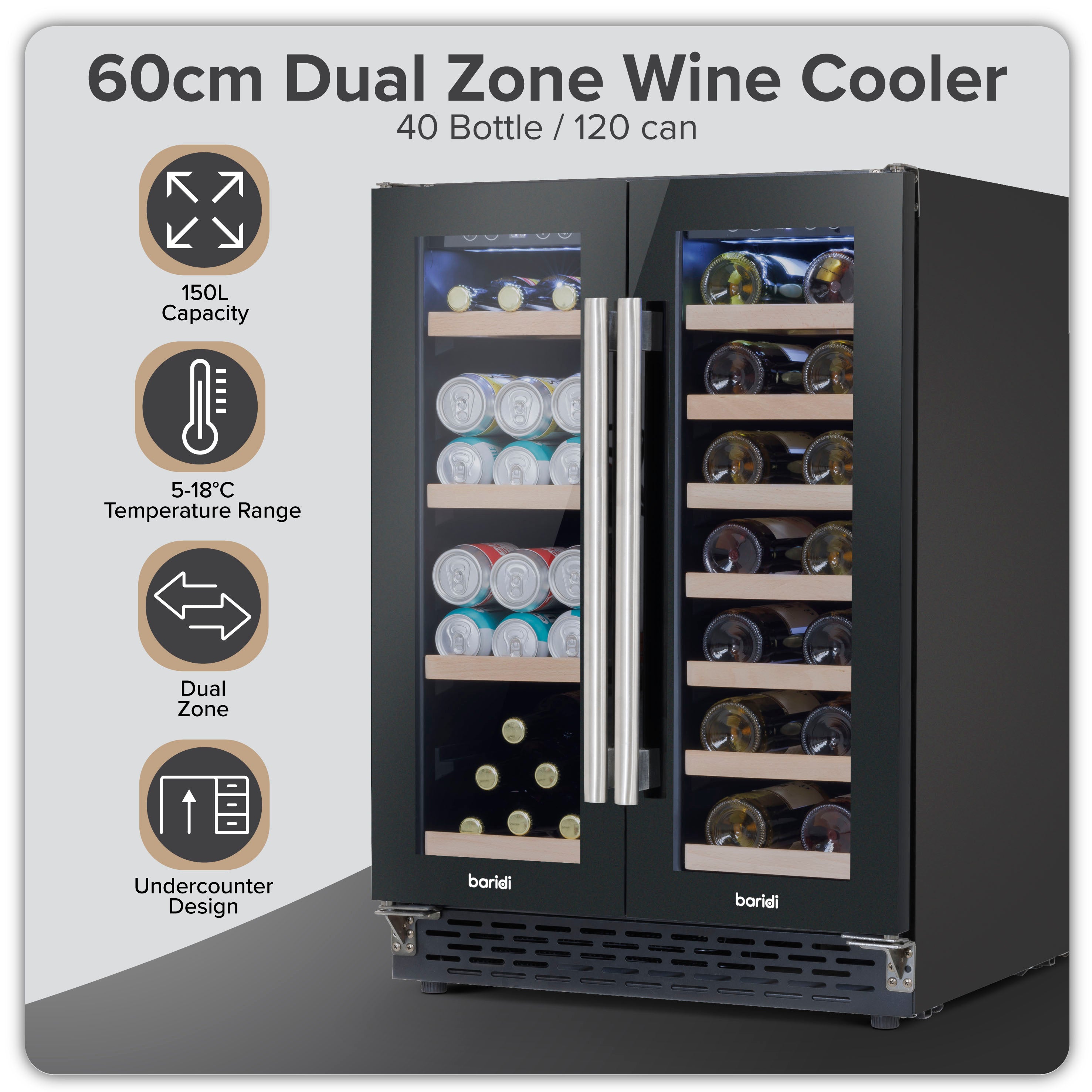 Baridi 40 Bottle/120 Can Dual Zone Undercounter/Freestanding Wine & Drinks Fridge - Black | DH96 in use
