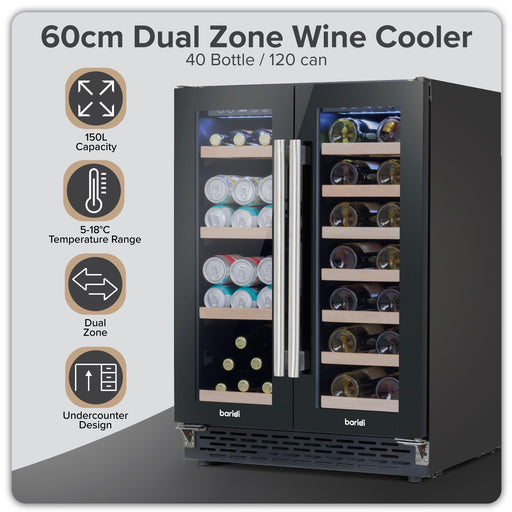 Baridi 40 Bottle/120 Can Dual Zone Undercounter/Freestanding Wine & Drinks Fridge - Black | DH96 in use
