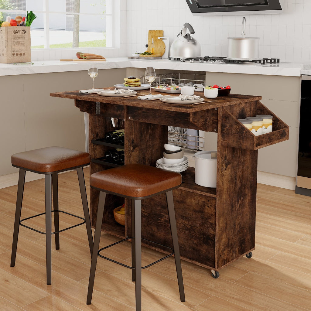 Mobile Drop Leaf Kitchen Island Cart with Microwave Shelf and Wine Rack