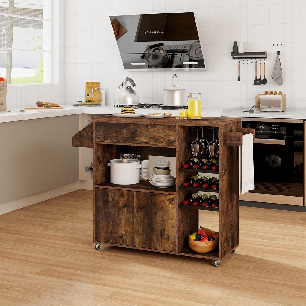Mobile Drop Leaf Kitchen Island Cart with Microwave Shelf and Wine Rack
