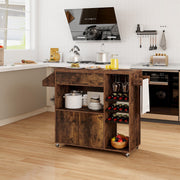 Mobile Drop Leaf Kitchen Island Cart with Microwave Shelf and Wine Rack