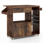 Mobile Drop Leaf Kitchen Island Cart with Microwave Shelf and Wine Rack