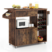 Mobile Drop Leaf Kitchen Island Cart with Microwave Shelf and Wine Rack
