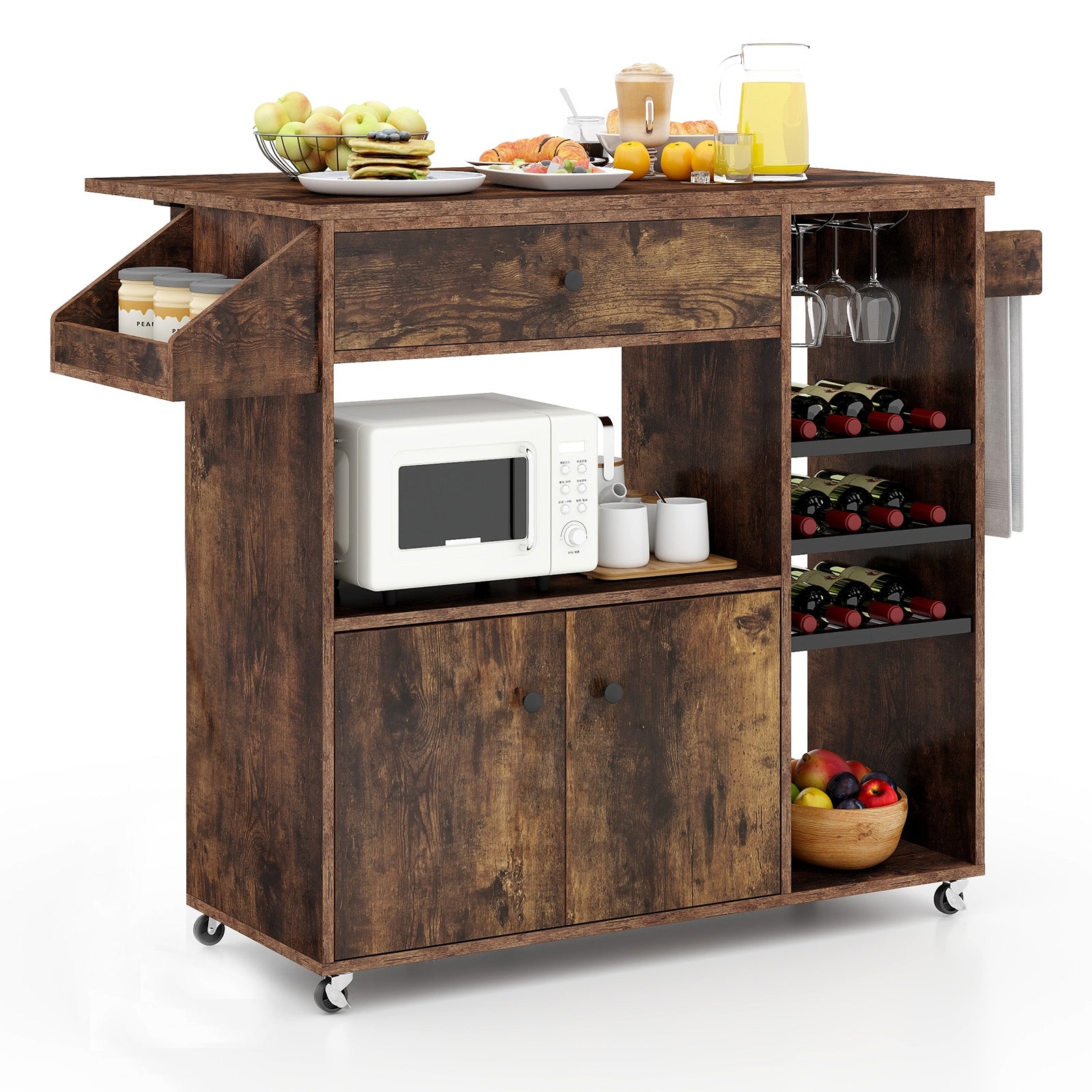 Mobile Drop Leaf Kitchen Island Cart with Microwave Shelf and Wine Rack
