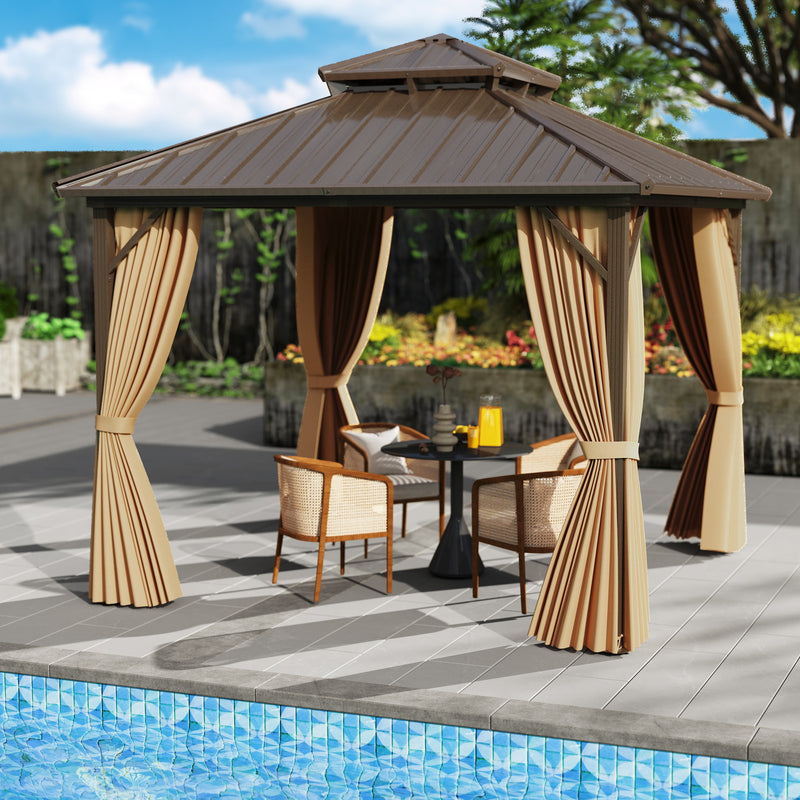 Costway 290 x 290 cm Hardtop Gazebo with Netting and Curtain and Double-Roof Metal Top-Coffee