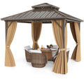 Costway 290 x 290 cm Hardtop Gazebo with Netting and Curtain and Double-Roof Metal Top-Coffee
